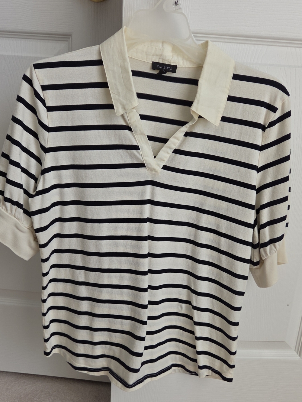 Talbots Cream and Black Striped Polo Top